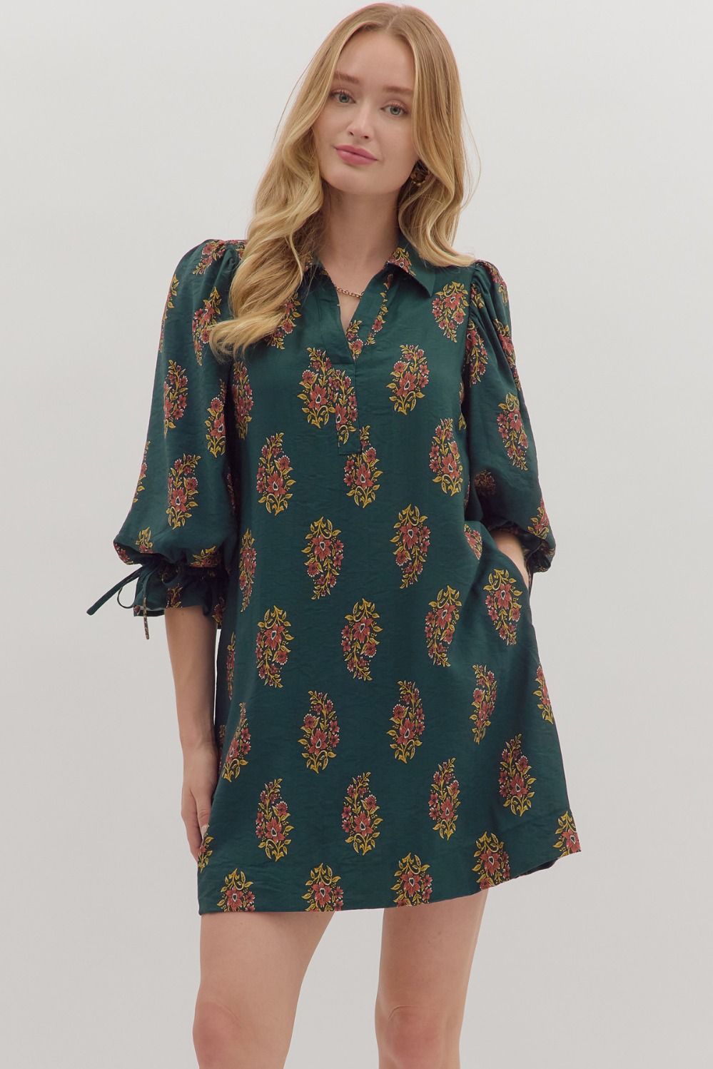 ENTRO Floral Print Puff Sleeve Mini Dress In Hunter Green *COMING SOON*