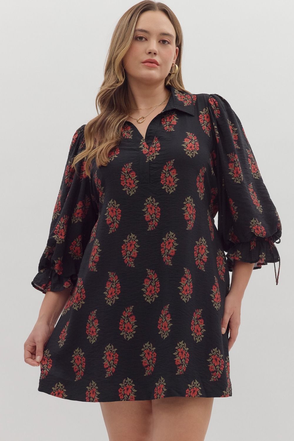 Entro Floral Print Puff Sleeve Mini Dress In Black PLUS Size