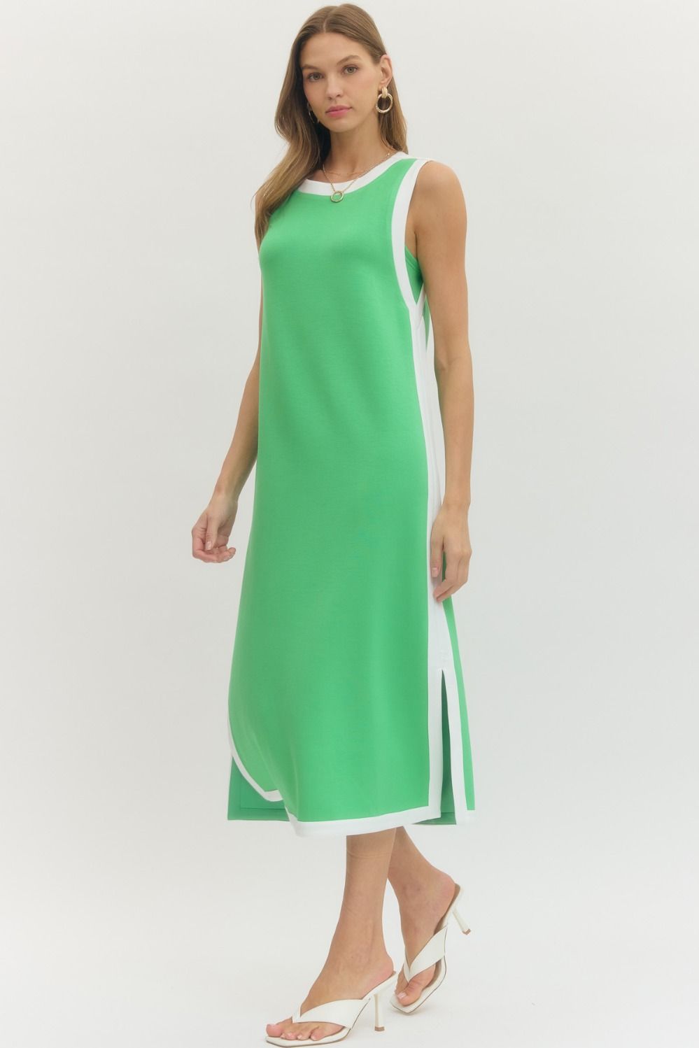 Entro Solid Knit Midi Dress With Contrast Trim In Green PLUS Size