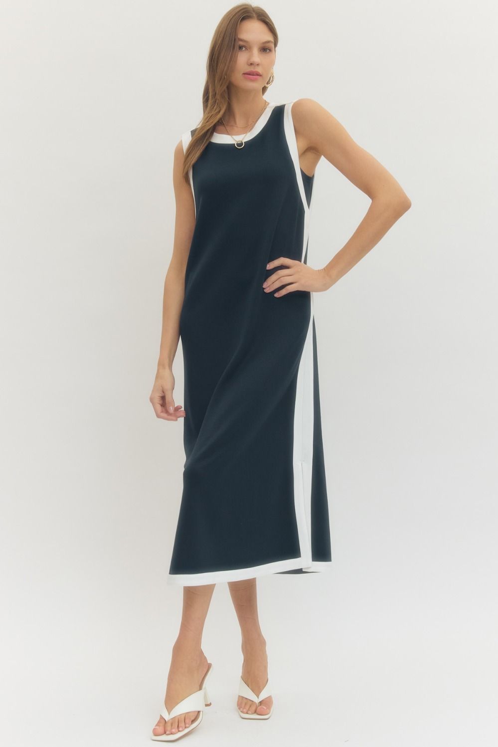 Entro Solid Knit Midi Dress With Contrast Trim In Navy PLUS Size