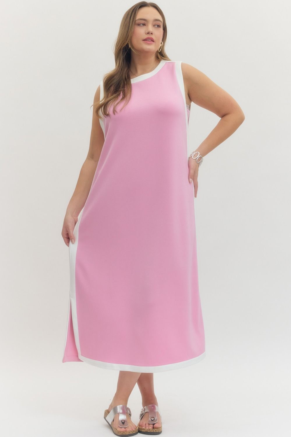 Entro Solid Sleeveless Midi Dress In Light Pink PLUS Size
