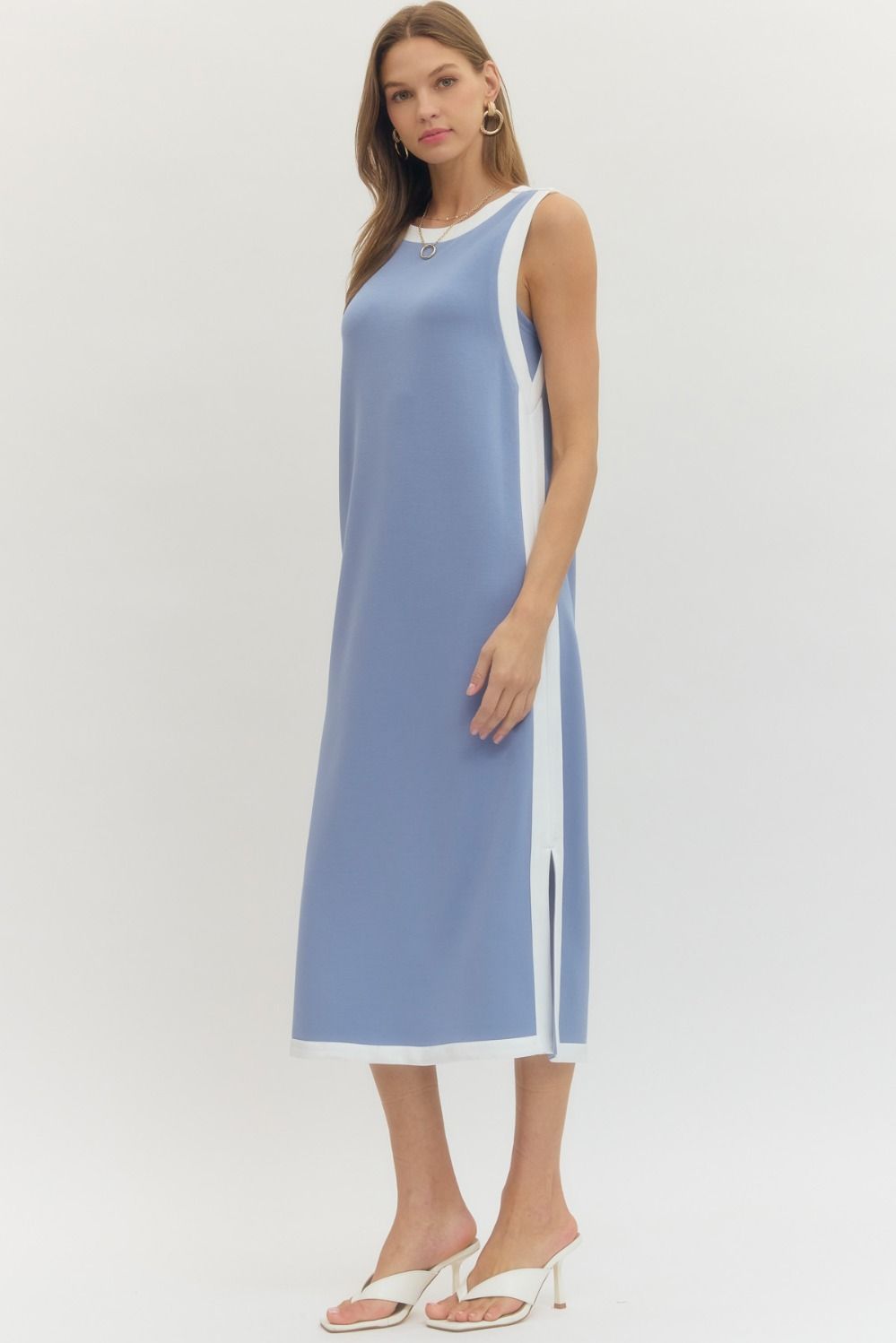 Entro Solid Knit Midi Dress With Contrast Trim In Blue