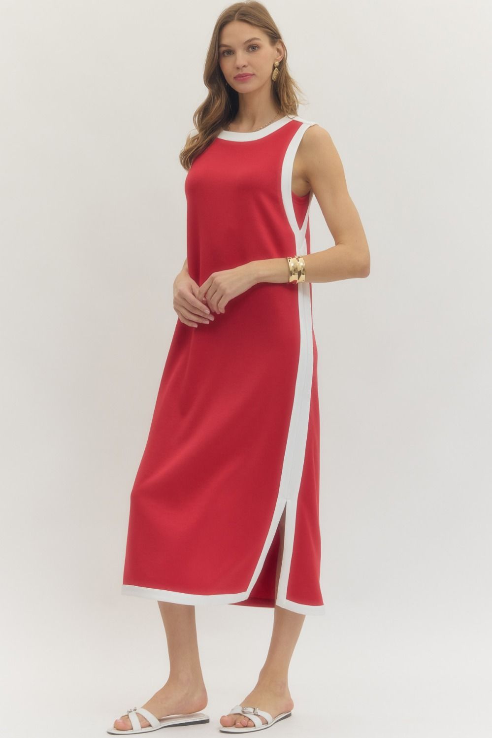 Entro Solid Knit Midi Dress With Contrast Trim In Red