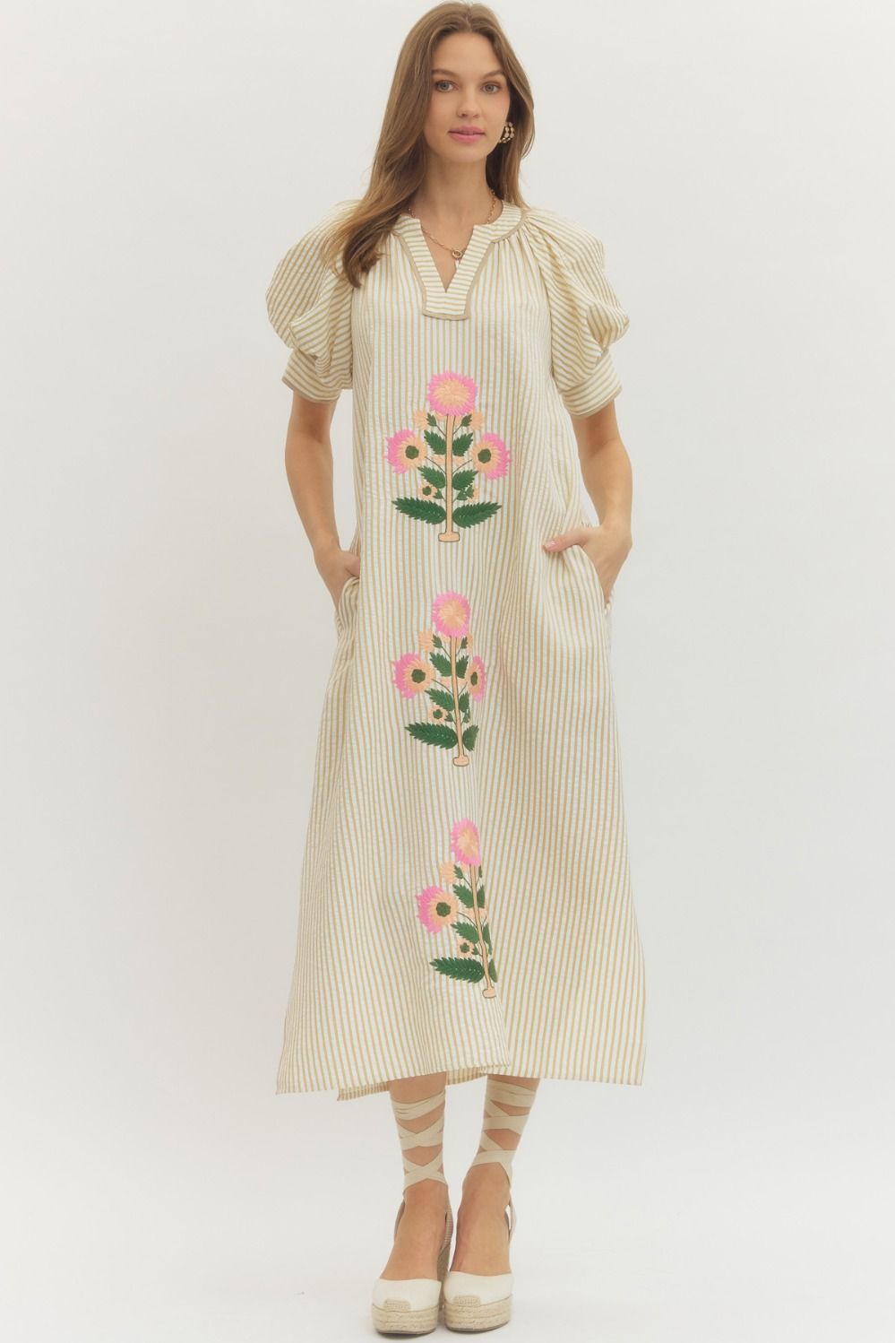 ENTRO Striped Short Sleeve Midi Dress With Floral Embroidery In Oatmeal