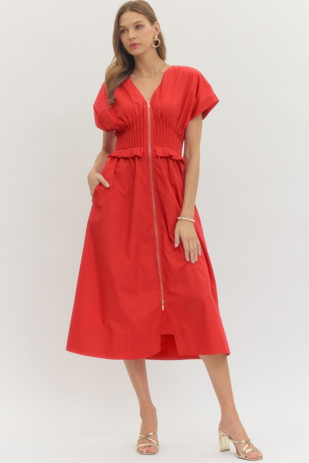 Entro Short Sleeve Midi Dress With Smocked Waist In Red