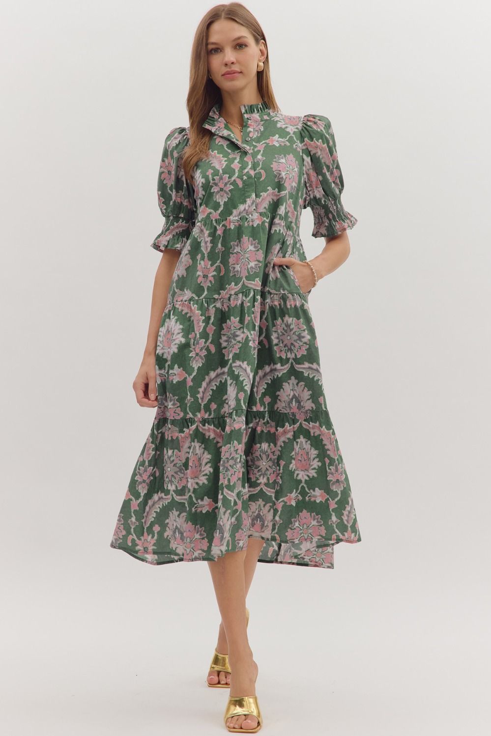 Entro Floral Puff Sleeve Midi Dress In Pine *COMING SOON*