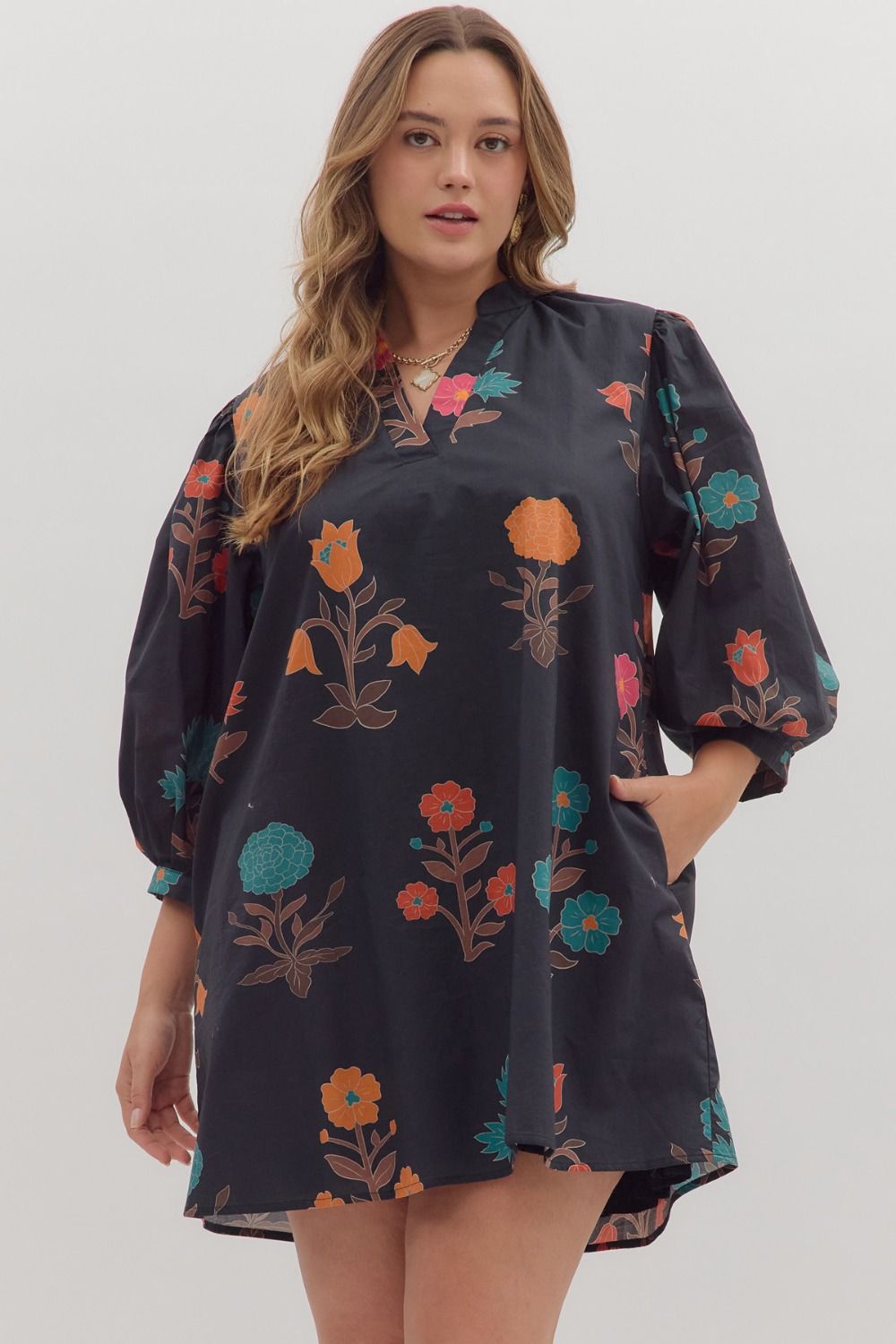 Entro Floral 3/4 Sleeve Mini Dress In Black *COMING SOON*
