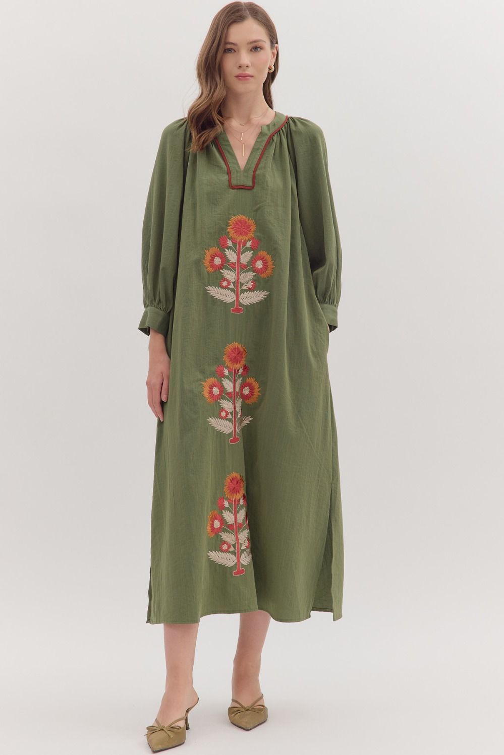 ENTRO Embroidered Floral Long Sleeve Maxi Dress In Olive *COMING SOON*