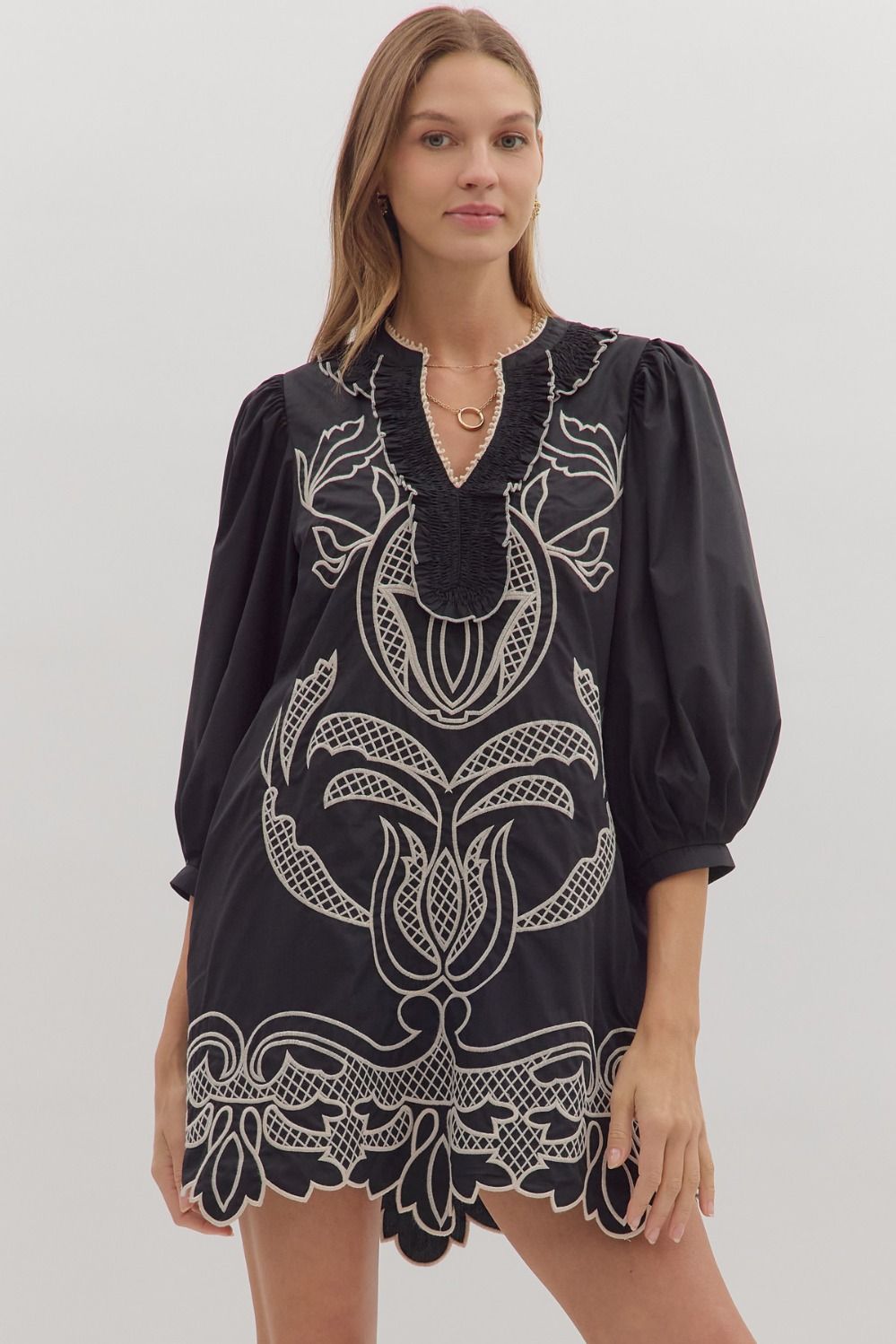 ENTRO Solid 3/4 Sleeve Mini Dress With Embroidered Design In Black  *COMING SOON*