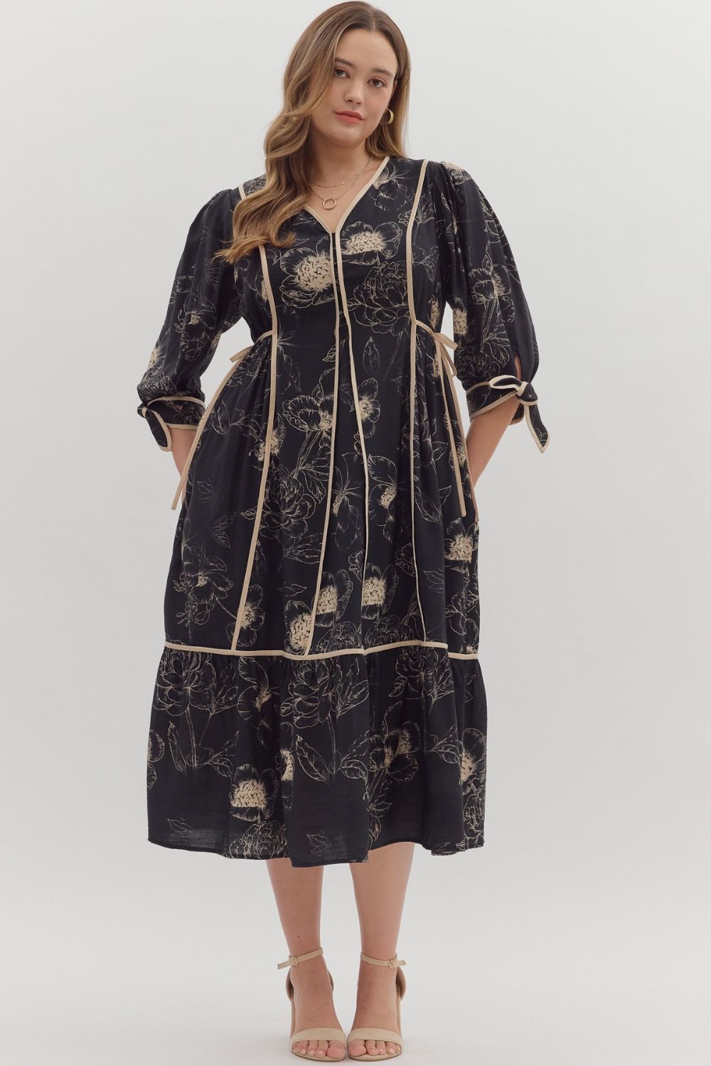 Entro Botanical Print 3/4 Sleeve Midi Dress In Black PLUS Size *COMING SOON*