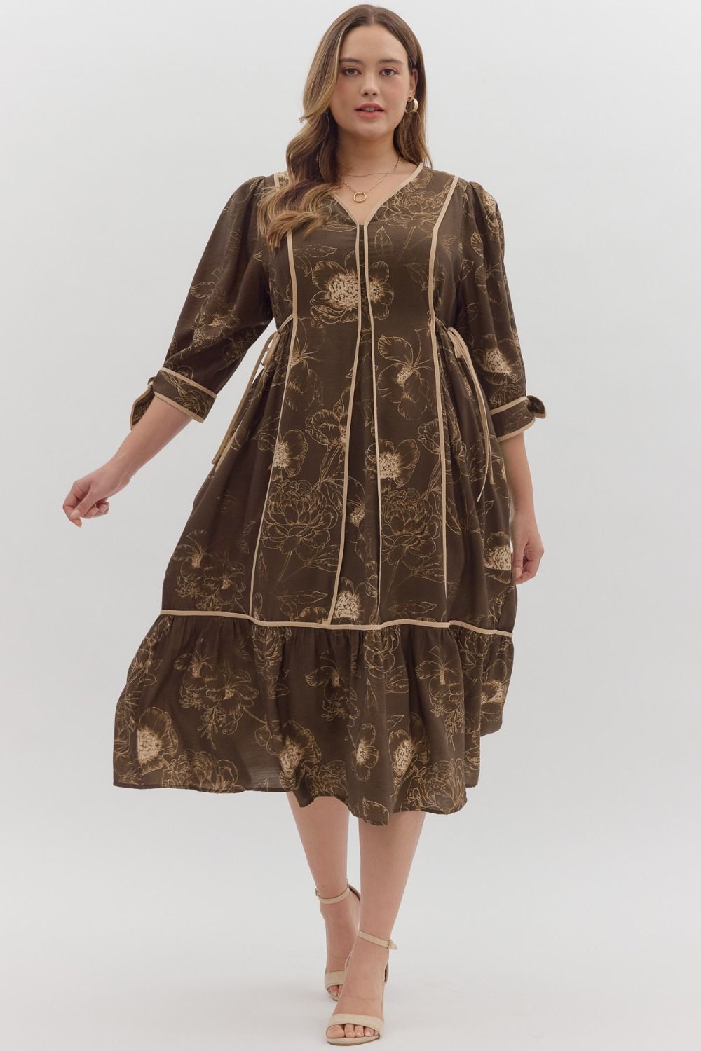 Entro Botanical Print 3/4 Sleeve Midi Dress In Brown PLUS Size *COMING SOON*
