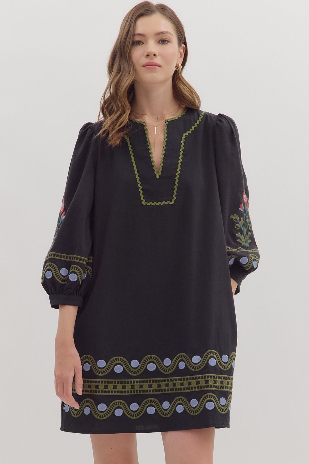 ENTRO Solid 3/4 Puff Sleeve Mini Dress In Black *COMING SOON*