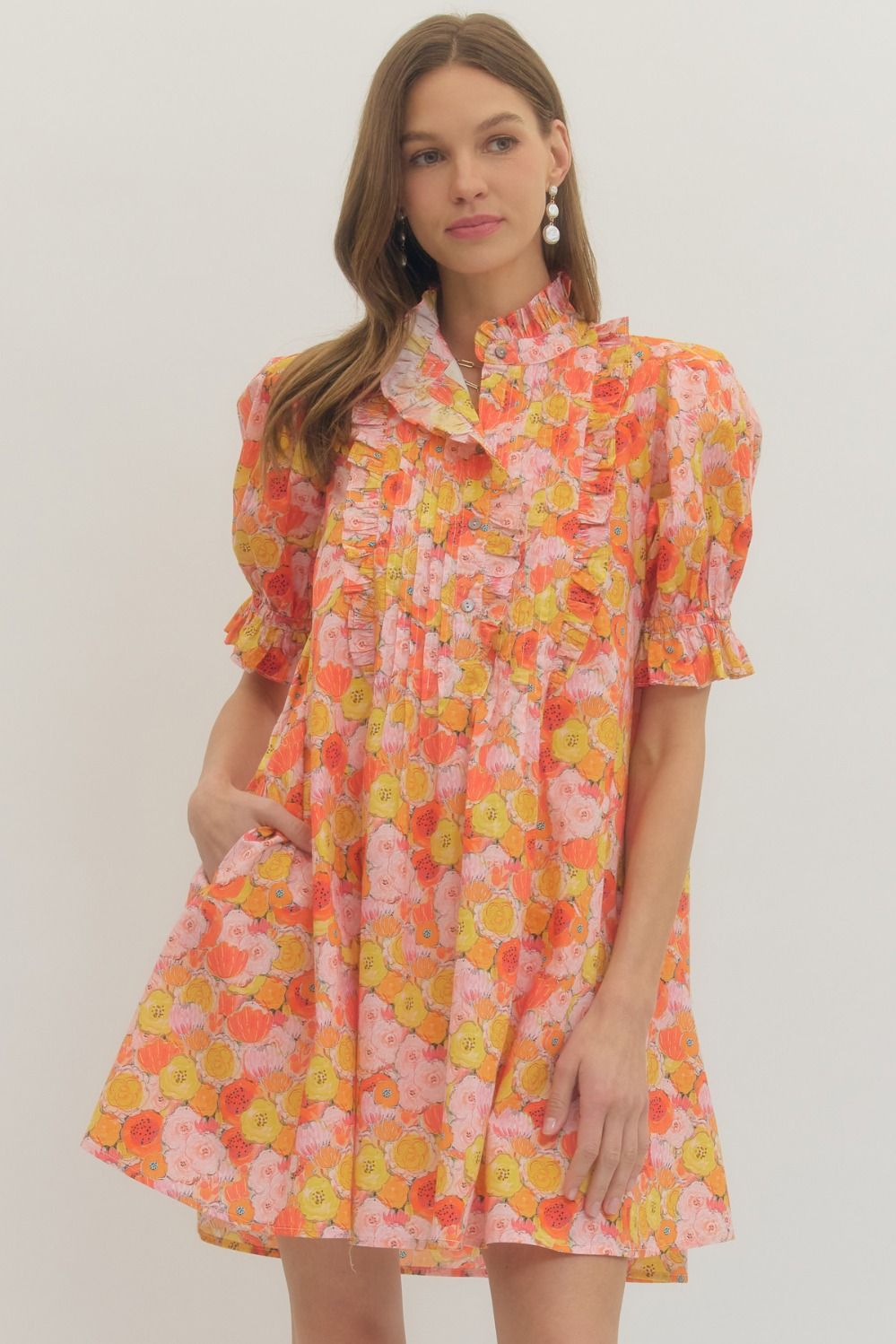ENTRO Floral Puff Sleeve Mini Dress With Ruffle Neckline In Orange