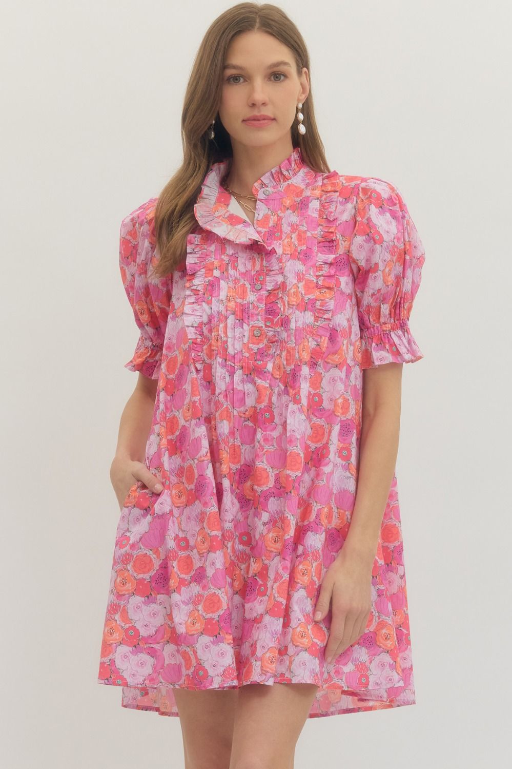 ENTRO Floral Puff Sleeve Mini Dress With Ruffle Neckline In Pink *COMING SOON*