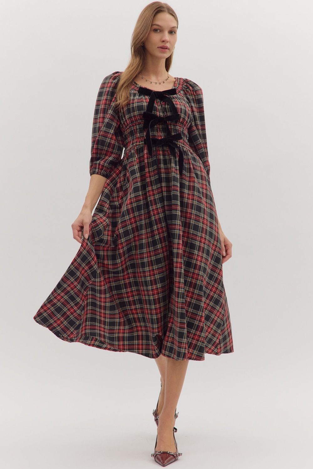ENTRO Plaid Puff Sleeve Midi Dress With Velvet Bows In Black *COMING SOON*
