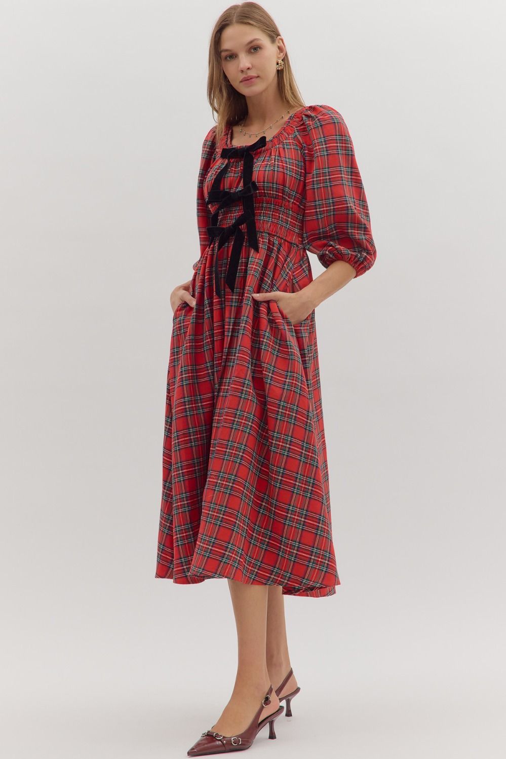 ENTRO Plaid Puff Sleeve Midi Dress With Velvet Bows In Red *COMING SOON*