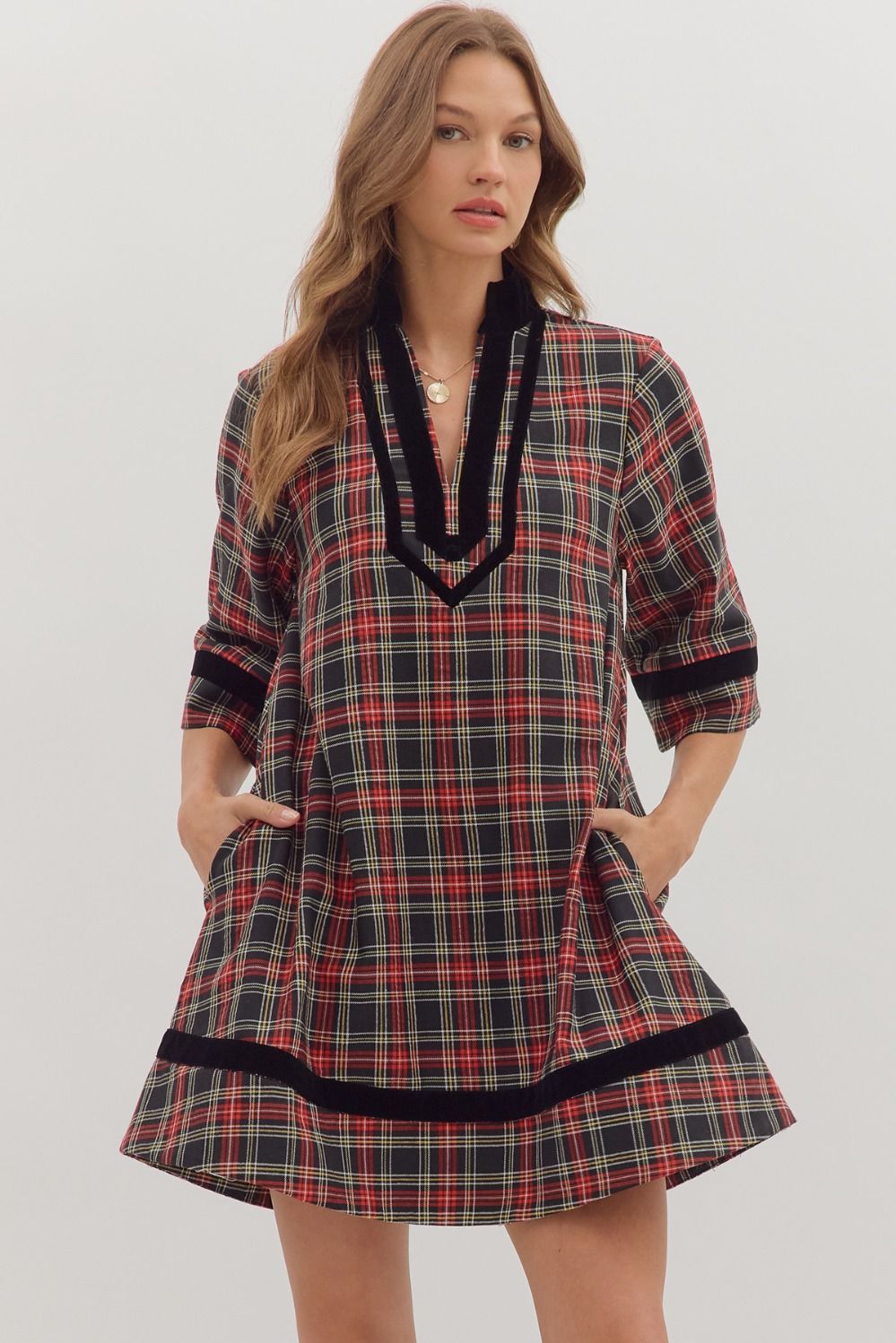 Entro Plaid 3/4 Sleeve Mini Dress With Velvet Trim In Black