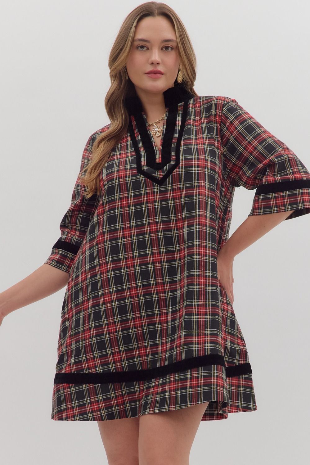 Entro Plaid 3/4 Sleeve Mini Dress With Velvet Trim In Black PLUS Size *COMING SOON*