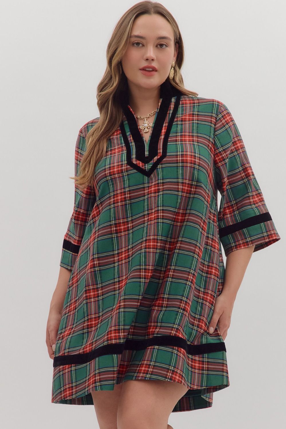 Entro Plaid 3/4 Sleeve Mini Dress With Velvet Trim In Green PLUS Size