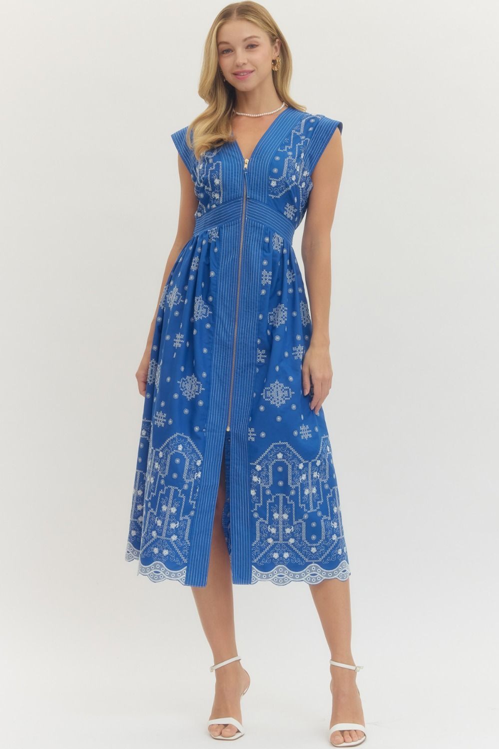ENTRO Embroidered Cap Sleeve Midi Dress With Zipper Front In Blue