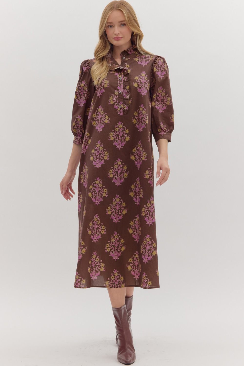 ENTRO Botanical Print 3/4 Sleeve Midi Dress In Chocolate