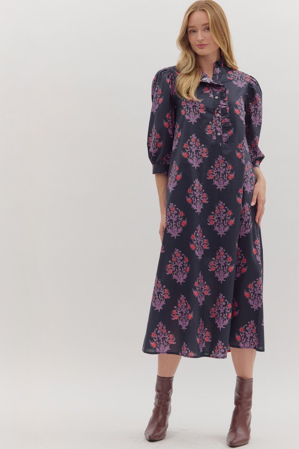 ENTRO Botanical Print 3/4 Sleeve Midi Dress In Navy