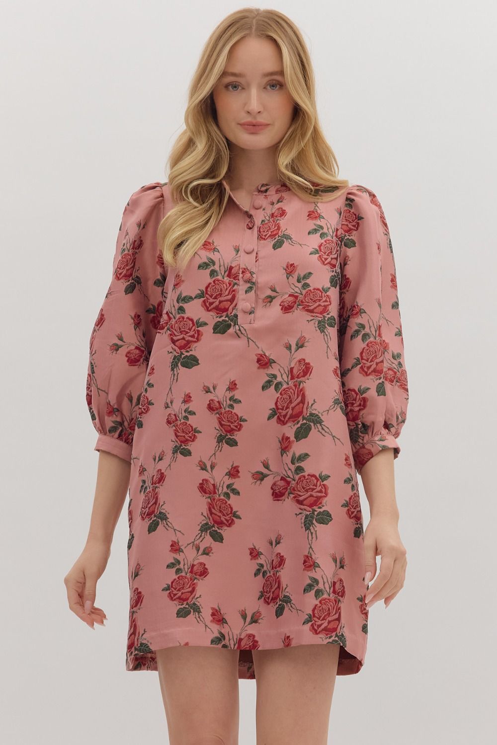 ENTRO Floral 3/4 Sleeve Mini Dress In Dusty Rose *COMING SOON*