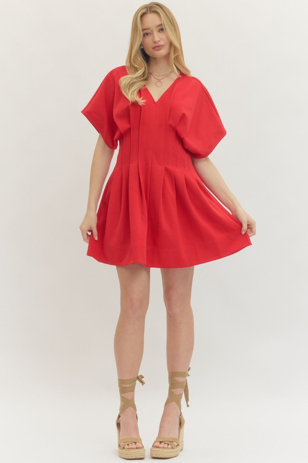 ENTRO Solid Dolman Sleeve Mini Dress In Red