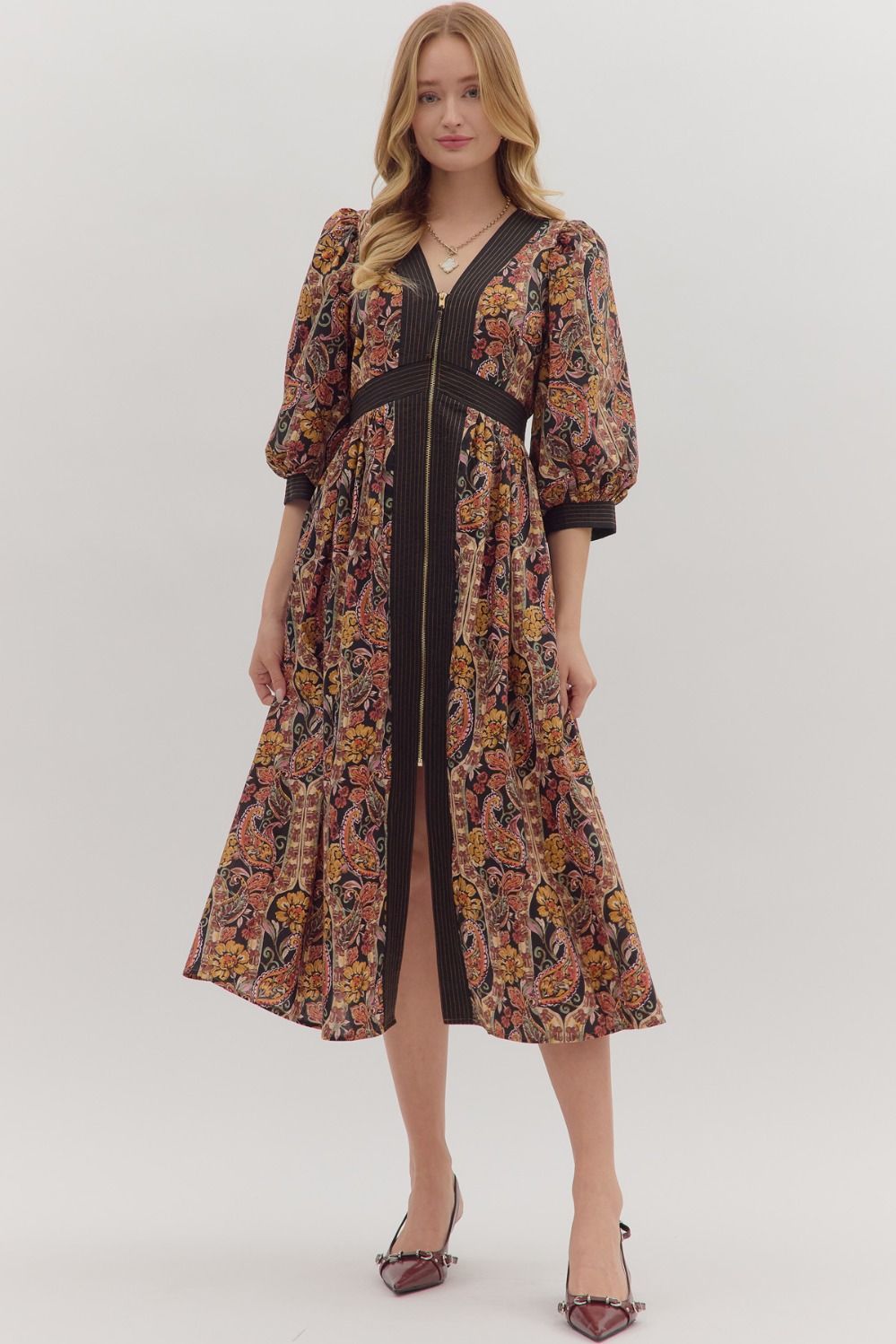 ENTRO Paisley Print Puff Sleeve Midi Dress In Black *COMING SOON*