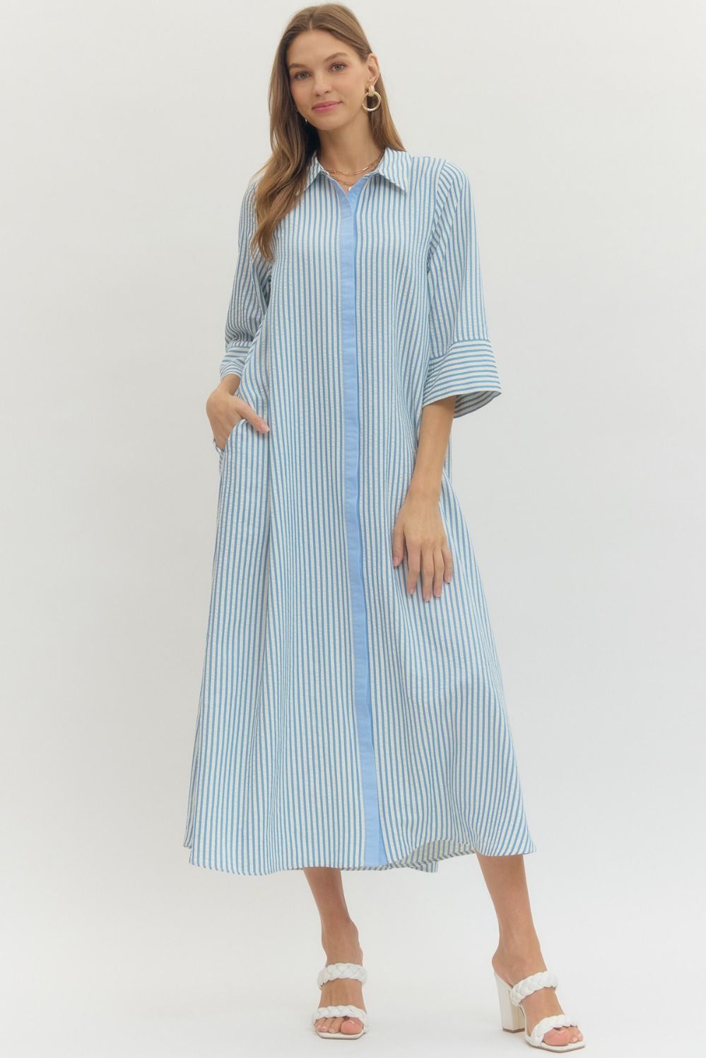 Entro Striped 3/4 Sleeve Midi Dress In Blue