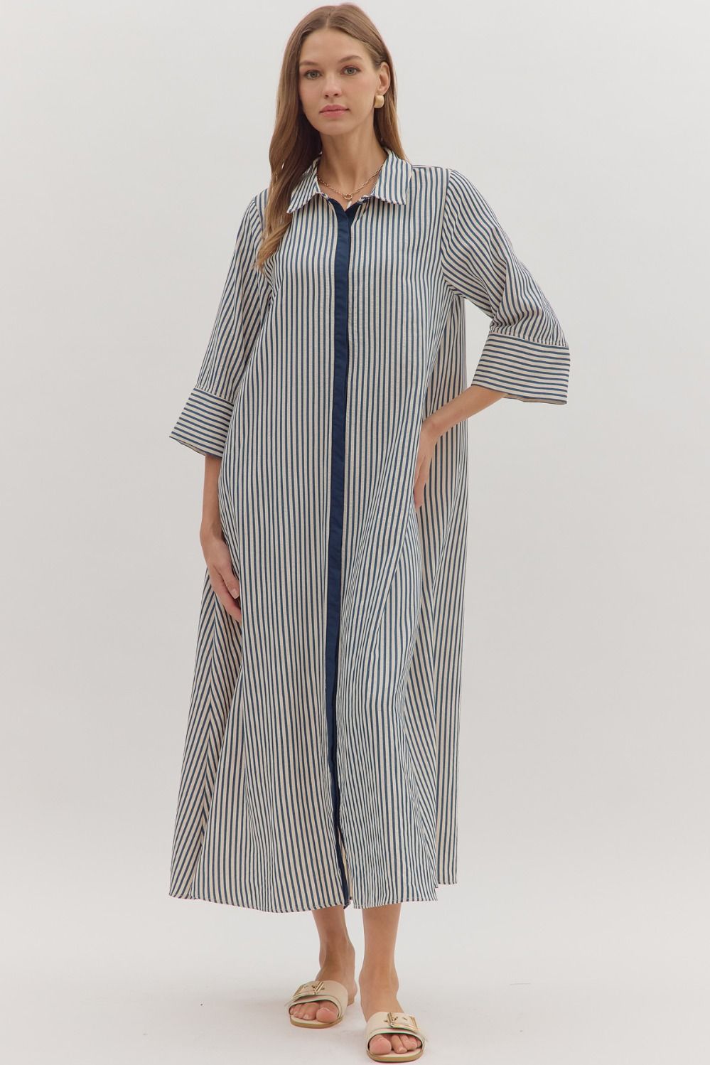 ENTRO Striped 3/4 Midi Dress In Indigo