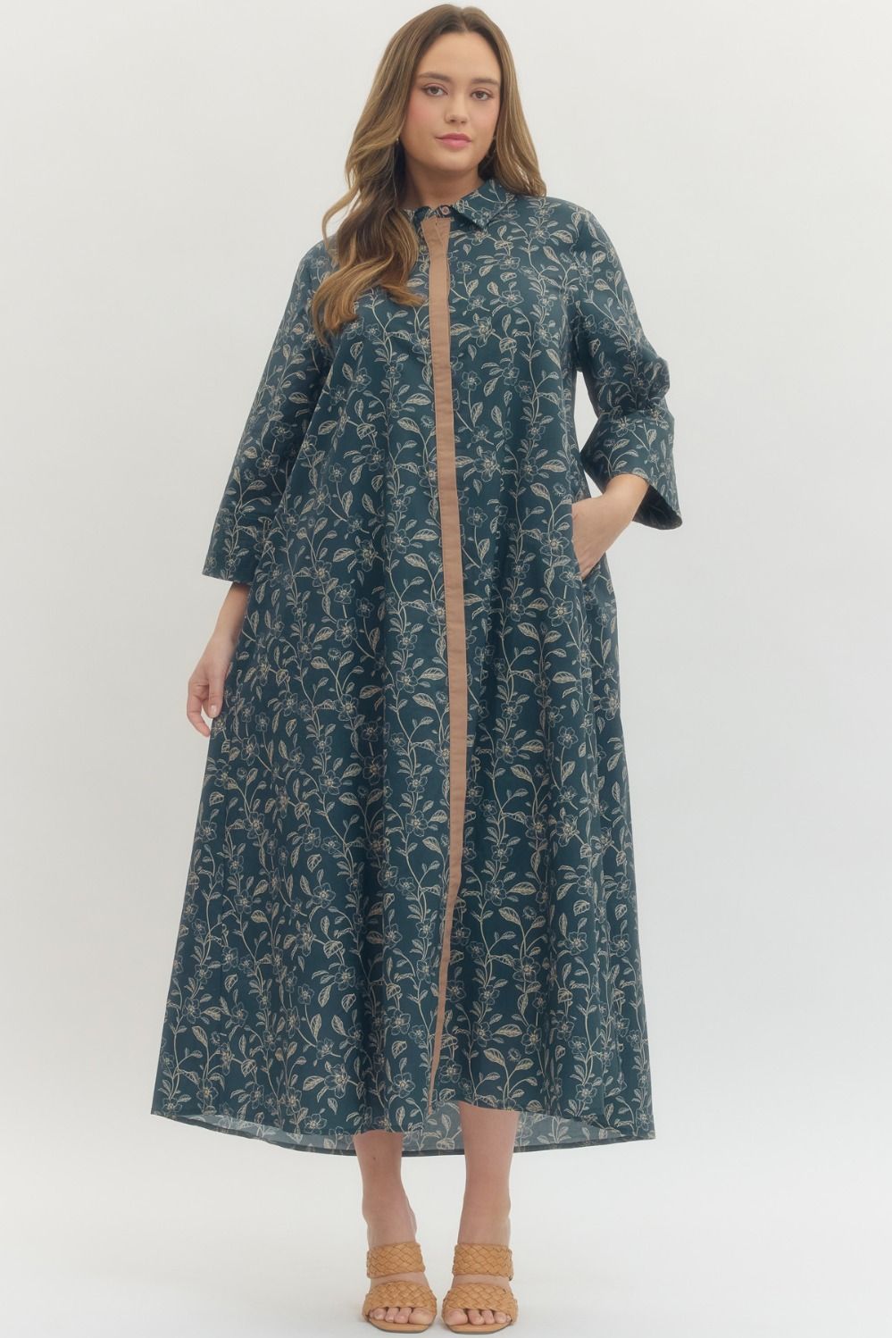 Entro Floral Print 3/4 Sleeve Midi Dress In Navy PLUS Sizes *COMING SOON*