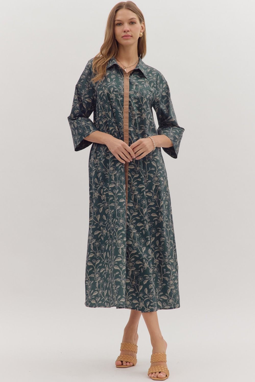 Entro Floral Print 3/4 Sleeve Midi Dress In Navy *COMING SOON*