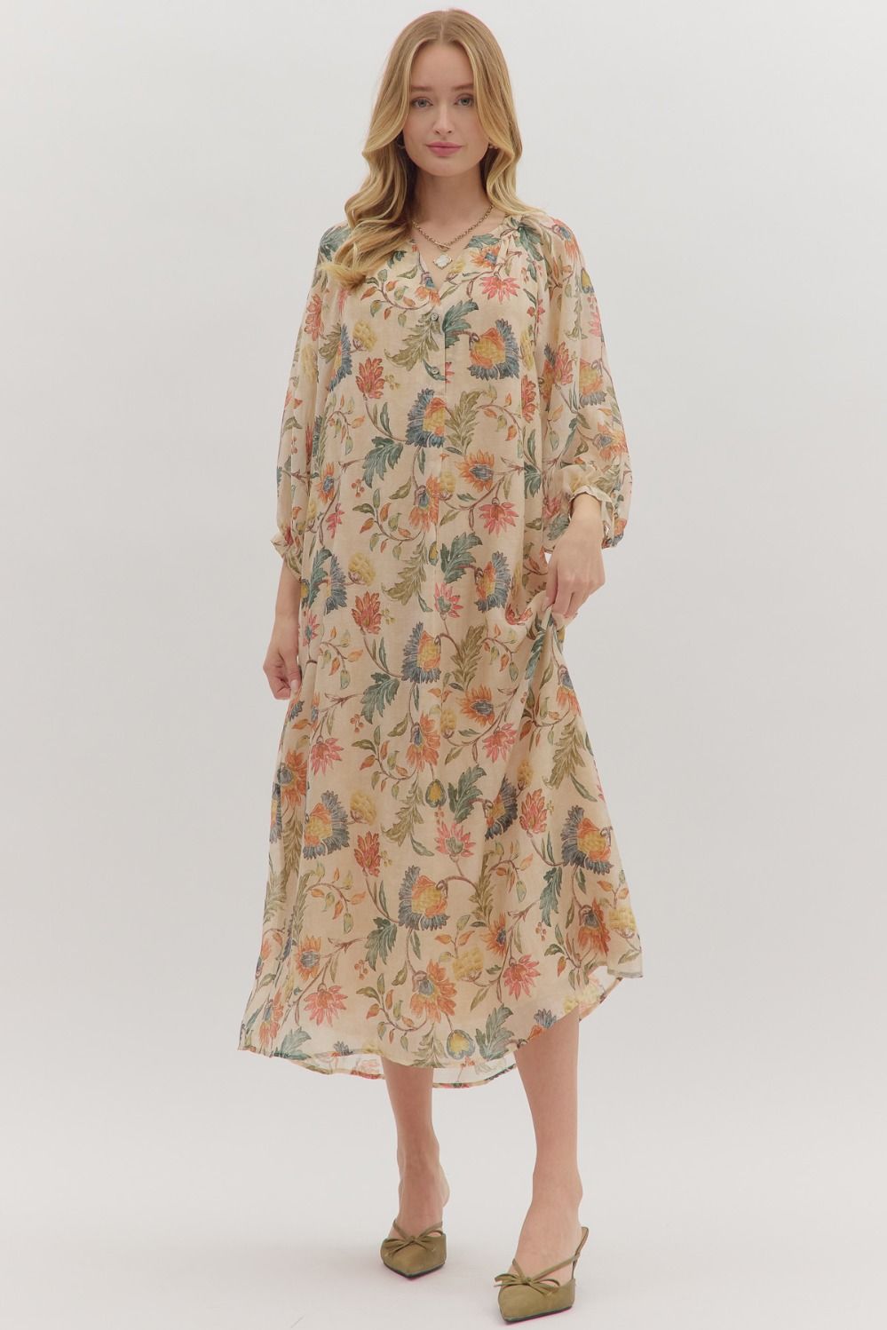 ENTRO Botanical Print Long Sleeve Midi Dress In Ecru