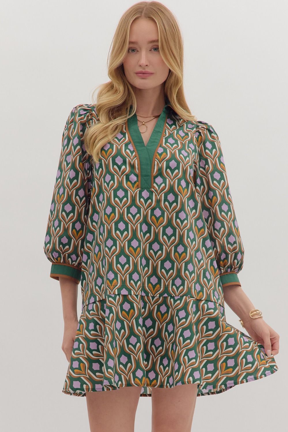ENTRO Geometric Long Puff Sleeve Mini Dress In Hunter Green