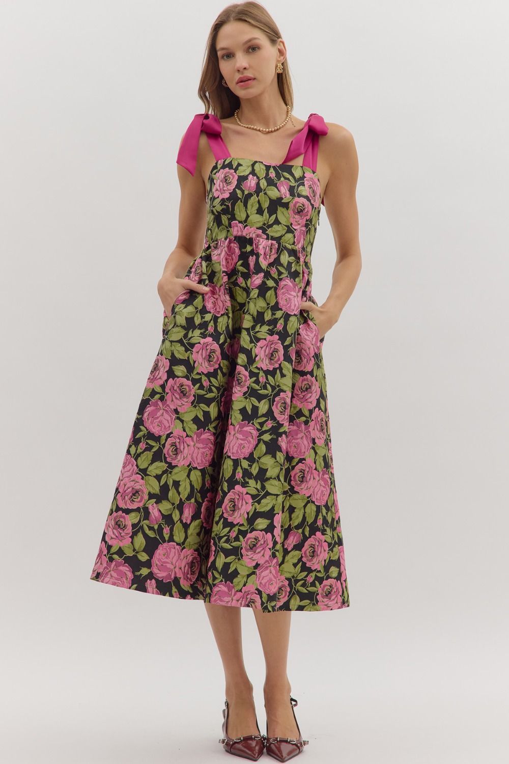 Entro Floral Print Sleeveless Mini Dress With Tie Shoulders In Fuchsia *COMING SOON*