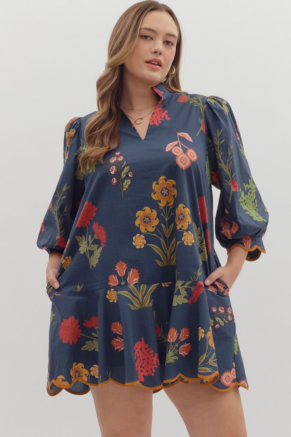 Entro Floral Print Puff Sleeve Dress In Navy