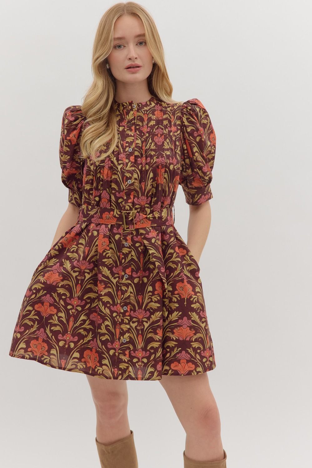 Entro Botanical Print Puff Sleeve Mini Dress In Burgundy *COMING SOON*