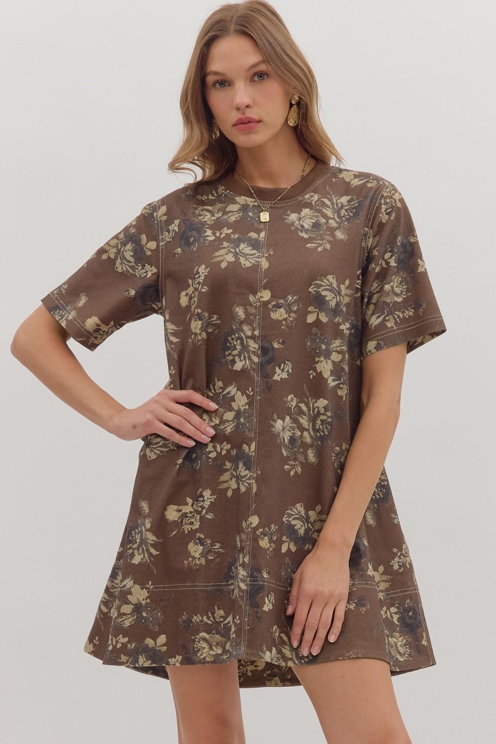 ENTRO Floral Print Short Sleeve Mini Dress In Brown