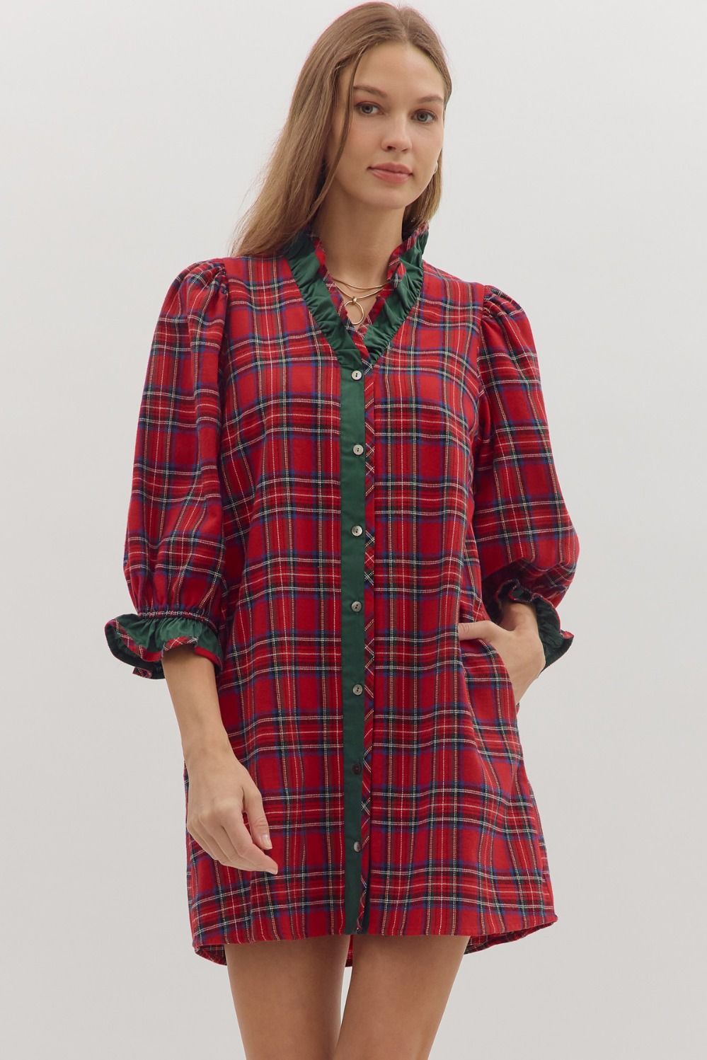 ENTRO Plaid 3/4 Puff Sleeve Mini Dress In Red