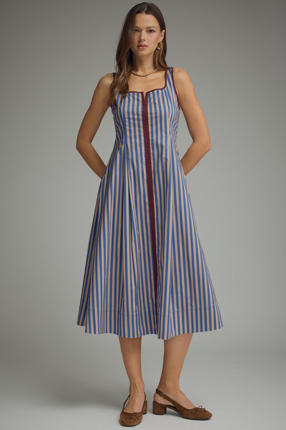 ENTRO Striped Sleeveless Midi Dress With Contrast Trim In Blue Taupe *COMING SOON*