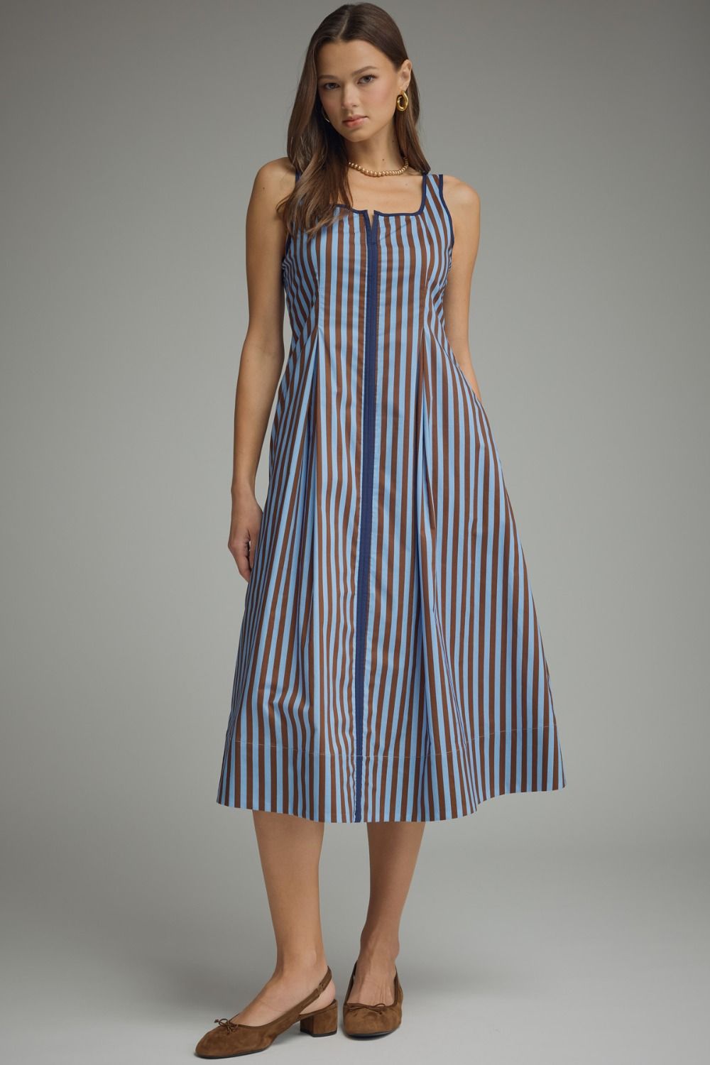 ENTRO Striped Sleeveless Midi Dress With Contrast Trim In Brown Blue *COMING SOON*