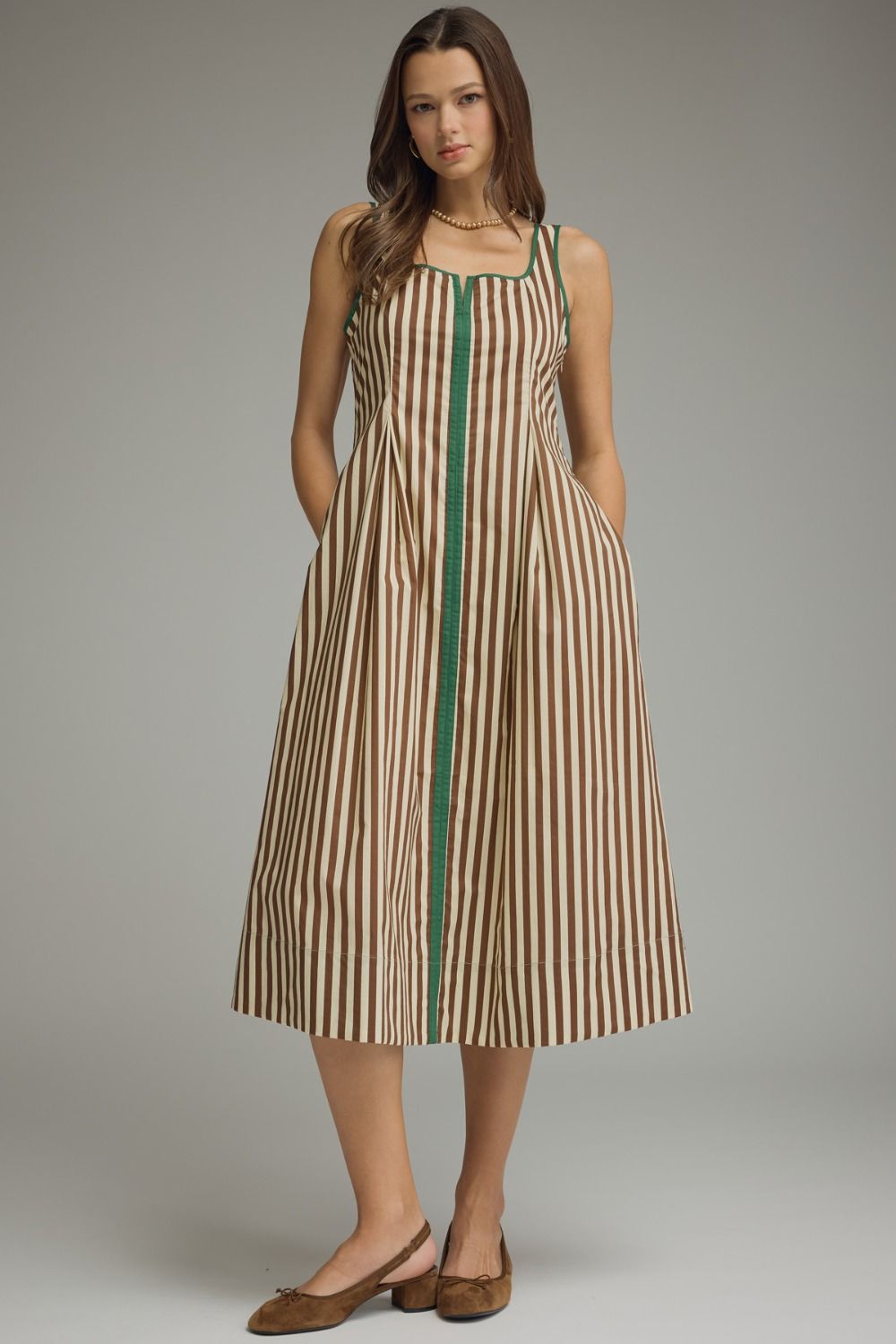 ENTRO Striped Sleeveless Midi Dress With Contrast Trim In Ecru Brown *COMING SOON*
