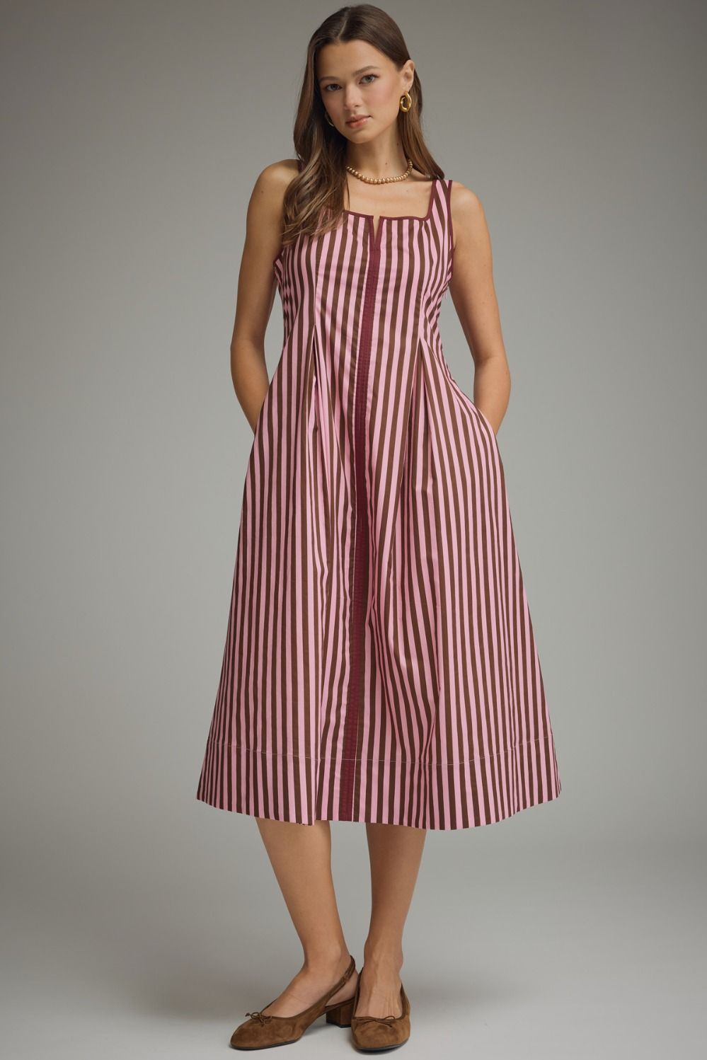 ENTRO Striped Sleeveless Midi Dress With Contrast Trim In Pink Brown *COMING SOON*