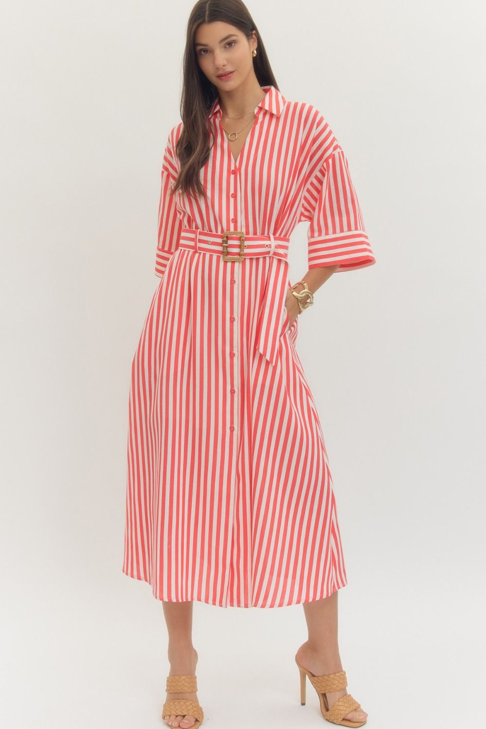ENTRO Striped Half Sleeve Button Front Shirt Dress In Red