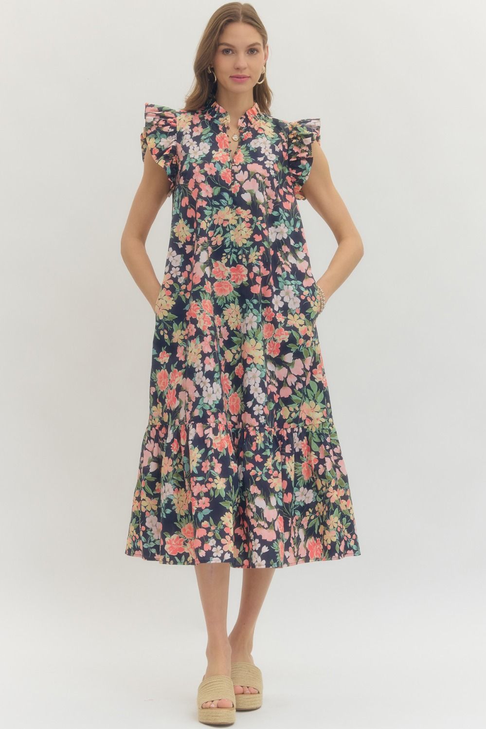 Entro Floral Flutter Sleeve Midi Dress In Navy  *COMING SOON*