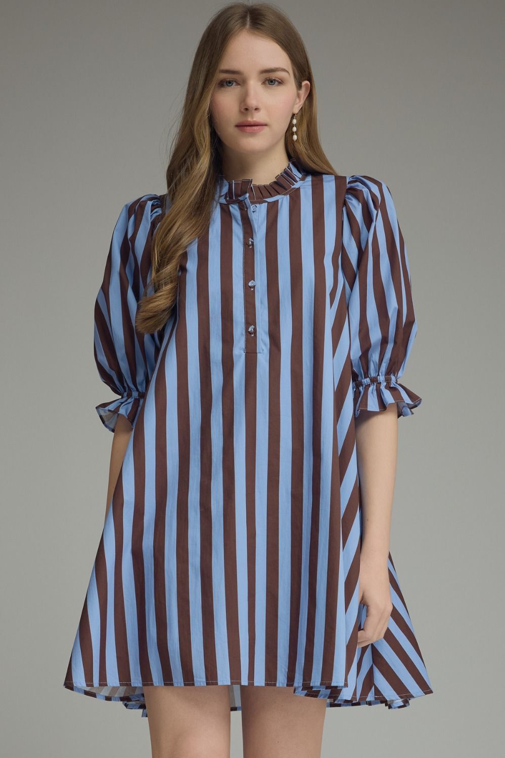 ENTRO Striped 3/4 Puff Sleeve Mini Dress In Blue Brown