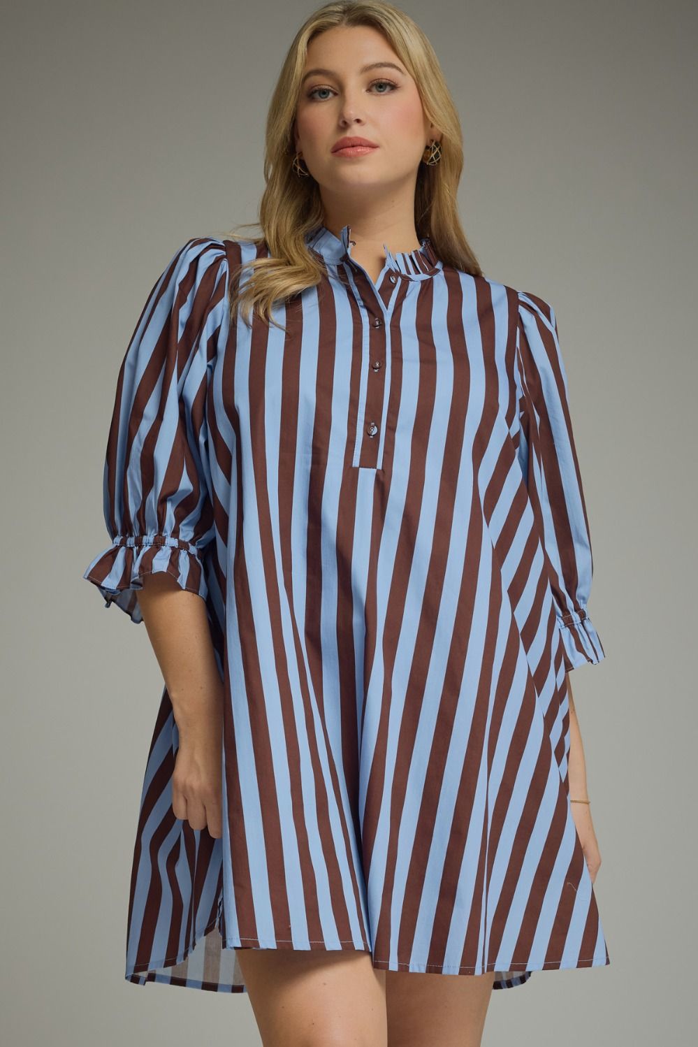 ENTRO Striped 3/4 Puff Sleeve Mini Dress In Blue Brown PLUS Size