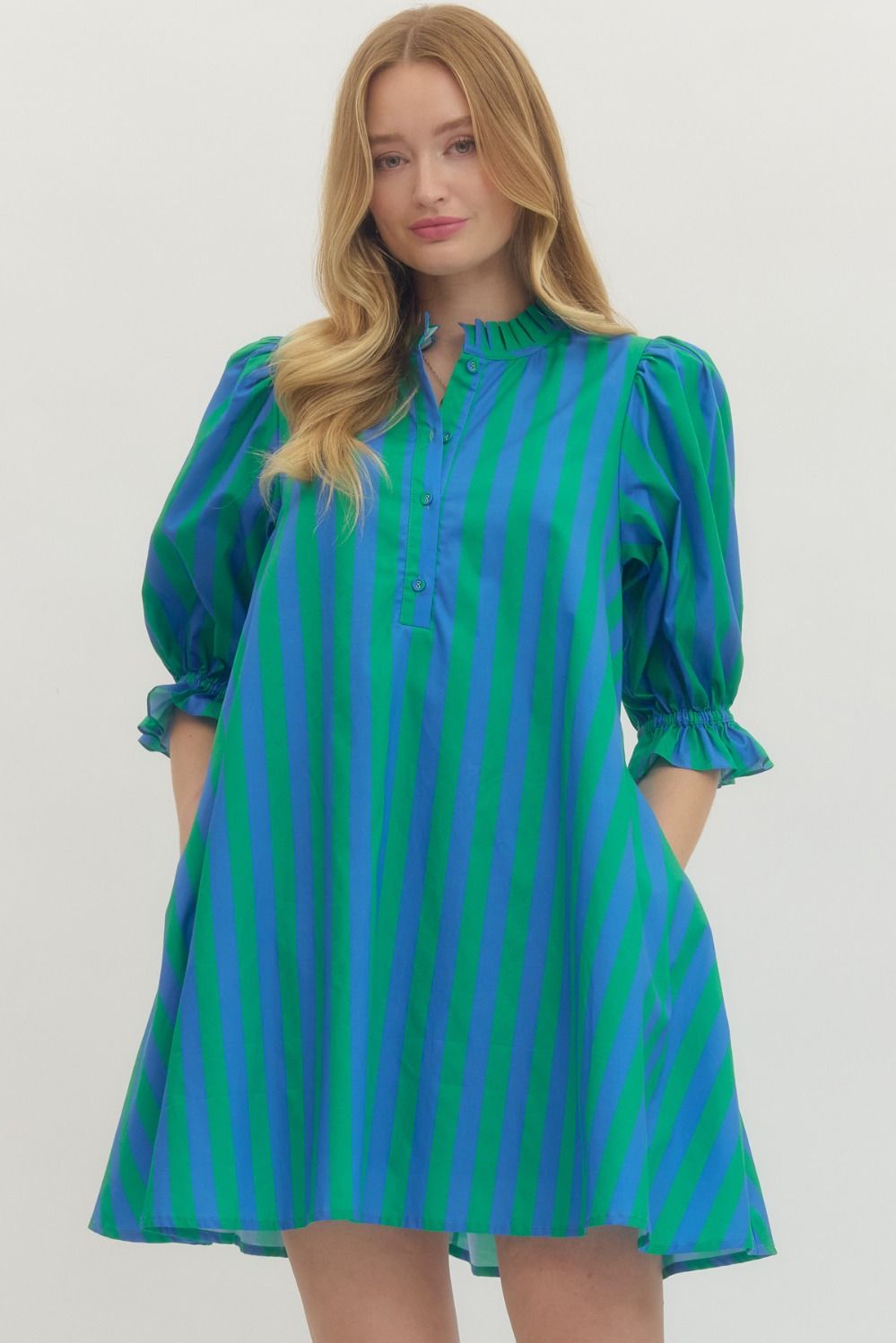 Entro Striped Mini Dress In Green & Blue