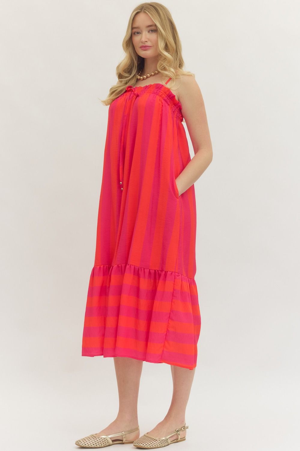 ENTRO Striped Print Sleeveless Midi Dress In Fuchsia